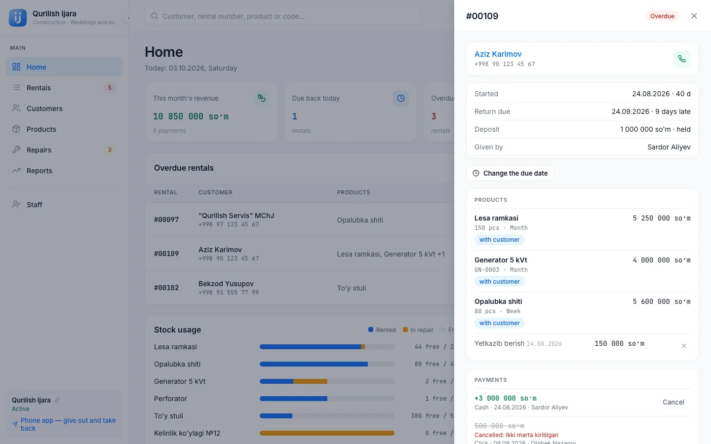 The Ijara computer app: rental details open in a side panel