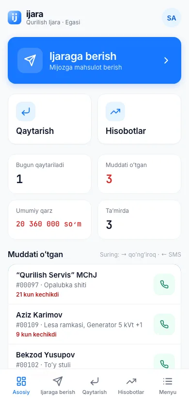 Ijara telefon ilovasi: bosh ekran, muddati oʻtgan ijaralar roʻyxati bilan