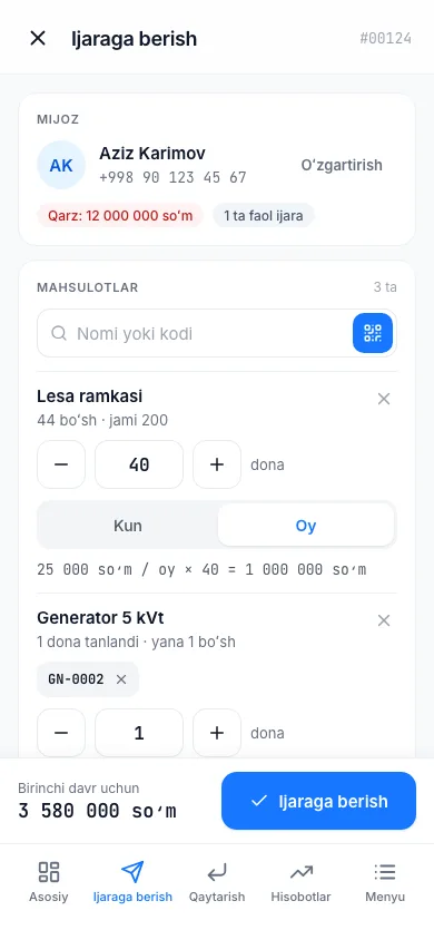 Ijaraga berish ekrani: mijoz, mahsulotlar va narx hisobi