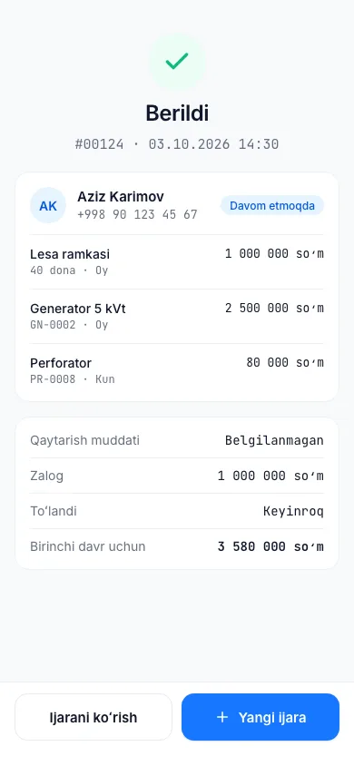 Ijara saqlangandan keyingi Berildi ekrani