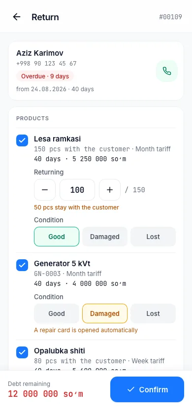 The Return screen: the condition of the products and the debt left