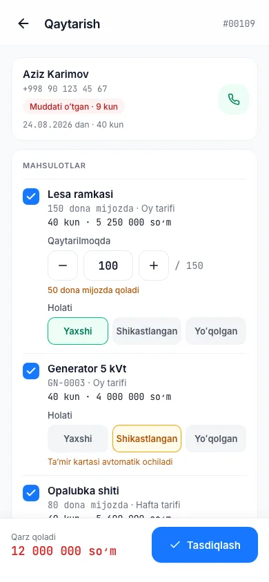 Qaytarish ekrani: mahsulotlarning holati va qolgan qarz