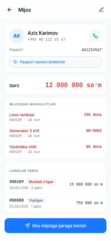 Mijoz kartasi: qarz, mijozdagi mahsulotlar va ijaralar tarixi