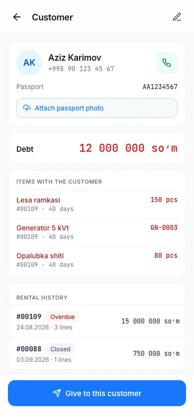 A customer card: debt, products with the customer and rental history