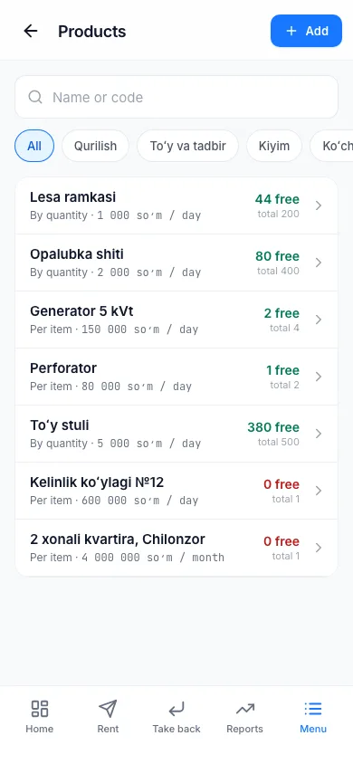 The product list: name, price and how many are free