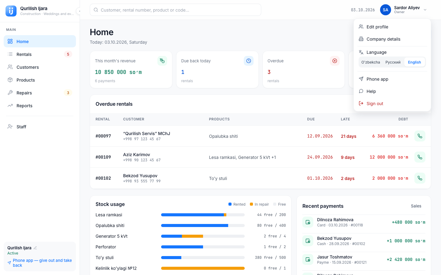 User menu