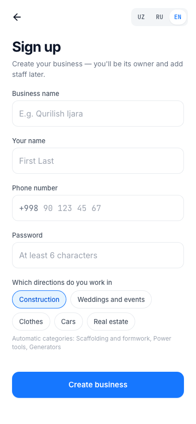 Sign up screen