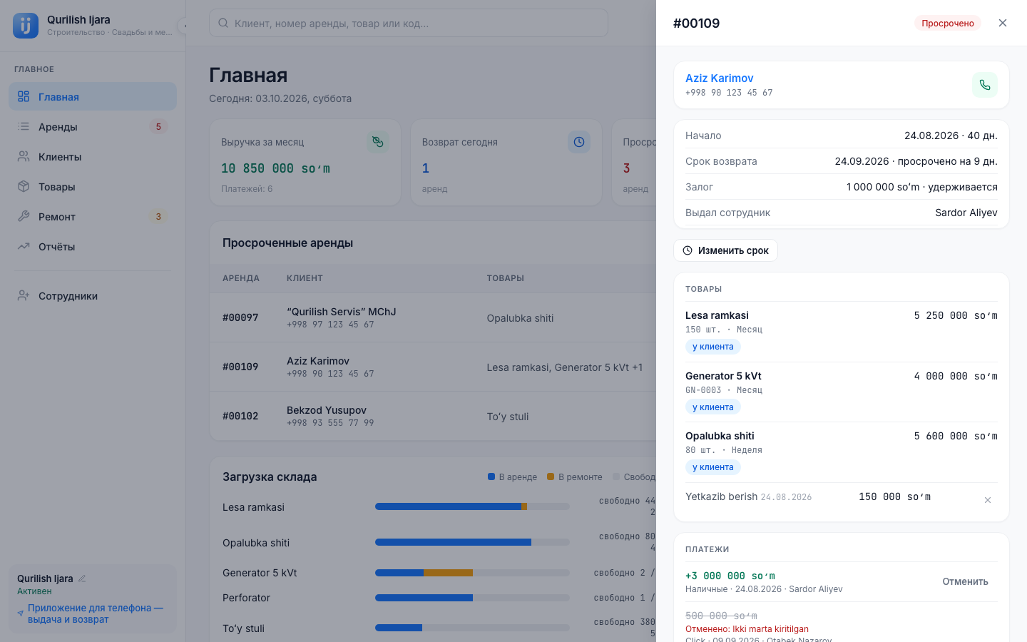 Боковое окно аренды